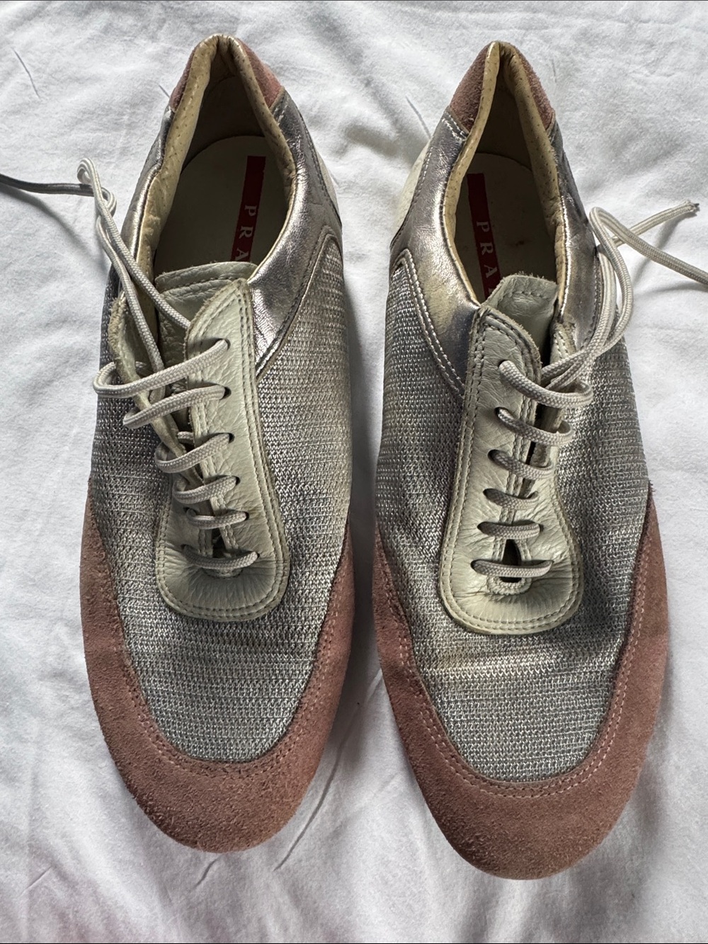 Prada Silver Mesh & Pink Suede Lace-Up Sneakers